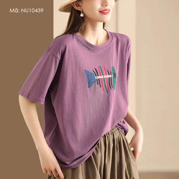 Áo T-shirt ngắn tay cổ tròn in xương cá retro - NU10438