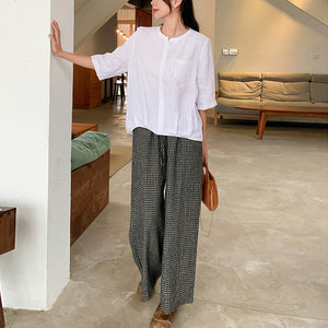Quần baggy linen lưng thun kẻ caro ống rộng - NU9869