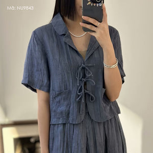Áo sơ mi linen ngắn tay cổ vest cột dây - NU9842