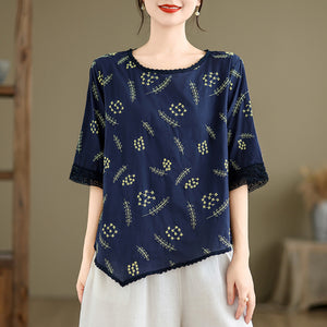 Áo T-shirt ngắn tay cổ tròn phối ren thêu hoa lá - NU10256