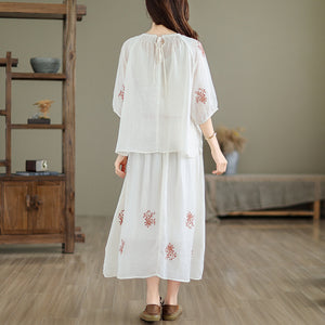 Bộ đồ linen gồm áo sơ mi ngắn tay thêu hoa lá và chân váy chữ A - NU10183