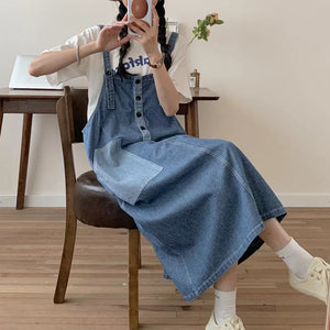 Đầm yếm denim túi lớn lệch màu có khuy cài - NU10358