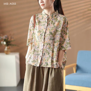 Áo sơ mi ngắn tay cổ đức in hoa lá retro - A054