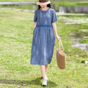 Đầm liền linen ngắn tay cổ tròn eo phối dải màu - NU9913