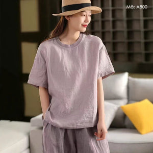 Áo T-shirt linen ngắn tay cổ tròn đơn sắc - A799