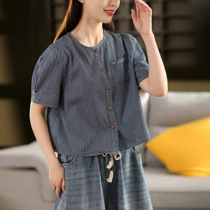 Áo sơ mi ngắn tay cổ tròn kẻ sọc một túi - A890