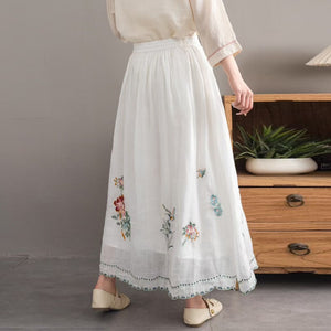 Chân váy linen lưng thun dây rút thêu hoa - V131