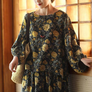 Áo sơ mi linen tay lửng cổ tròn vạt lệch in hoa lá - A718