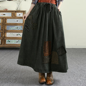Chân váy denim lưng thun dây rút hai túi chéo - V068