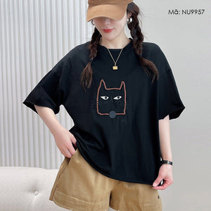 Áo T-shirt ngắn tay mặt mèo cổ tròn - NU9956