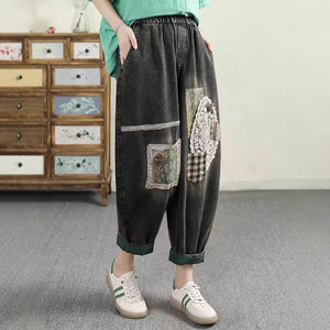 Quần baggy denim lửng lưng thun thêu hoa văn trừu tượng caro - Q159