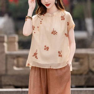 Áo sơ mi linen ngắn tay cổ đứng thêu hoa lá xoắc ốc - NU9991