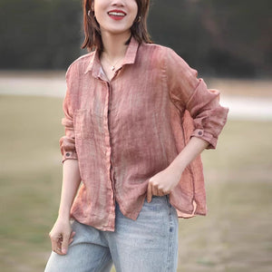 Áo sơ mi linen dài tay cổ đức che khuy - NU10014
