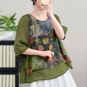 Áo sơ mi ngắn tay cổ tròn hoa văn retro kiểu hai mảnh - A972