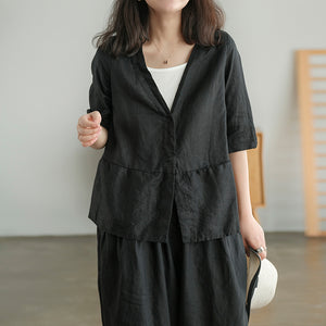 Áo sơ mi linen ngắn tay cổ V form rộng - NU5582