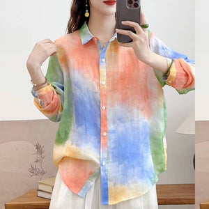 Áo sơ mi linen dài tay cổ đức sắc cầu vồng - A978