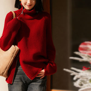 Áo khoác len cashmere dài tay cổ lọ khóa kéo bên hông - NU9535