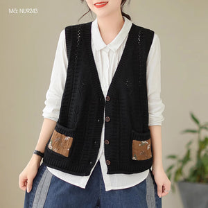 Áo khoác len gile sát nách cổ V hai túi đính vải hoa - NU9242