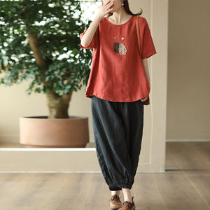 Áo T-shirt linen ngắn tay cổ tròn thêu cặp bình hoa - NU9885