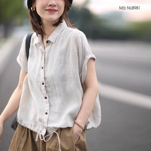 Áo sơ mi linen sát nách cổ đức đơn sắc vạt dây rút - NU8980