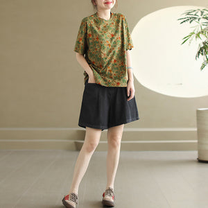 Áo T-shirt ngắn tay cổ tròn in hoa lá retro - NU10465