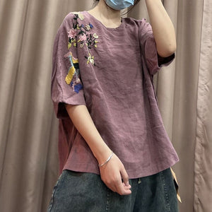 Áo T-shirt linen ngắn tay cổ tròn thêu hoa một bên - NU10118