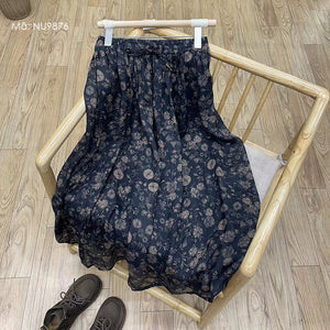 Chân váy linen lưng thun retro in hoa lá - NU9875