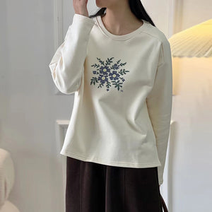 Áo T-shirt dài tay cổ tròn một màu thêu hoa trước ngực - NU9384
