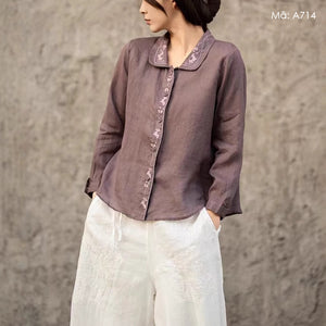 Áo sơ mi linen dài tay cổ cánh sen thêu bo viền - A713