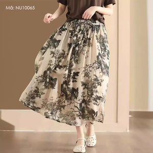 Chân váy linen retro lưng thun in hoa lá - NU10064