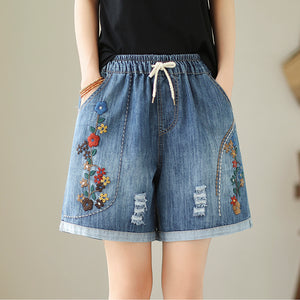 Quần sooc denim lưng thun thêu hoa lá chỉ nổi - NU10287