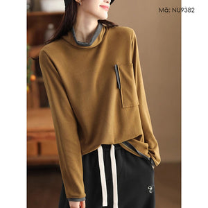 Áo T-shirt dài tay cổ lọ phối màu đơn sắc một túi - NU9381