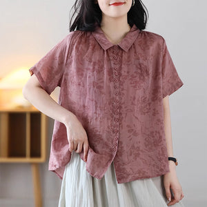 Áo sơ mi linen ngắn tay cổ pipi in hoa lá một túi nhỏ - NU8871