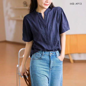Áo sơ mi linen ngắn tay cổ V thêu đan hoa lá - A912