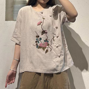 Áo sơ mi linen ngắn tay cổ tròn vạt lệch khuy tàu - NU10519