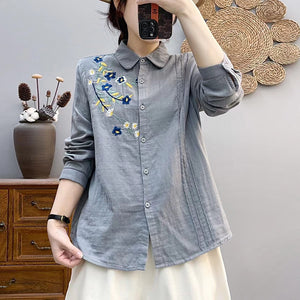 Áo sơ mi linen dài tay cổ cánh sen thêu hoa lá - NU9787