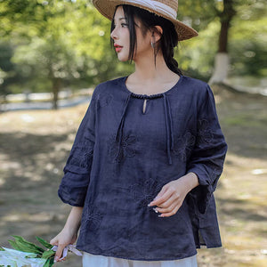 Áo T-shirt linen tay lửng cổ tròn cột dây thêu hoa lá - NU10129