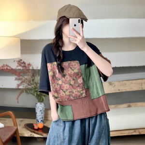 Áo T-shirt ngắn tay cổ tròn kiểu chắp vá màu sắc - A795