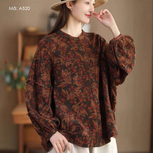 Áo sơ mi dài tay cổ đứng in hoa lá retro - A519