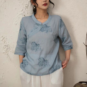 Áo sơ mi linen tay lửng cổ tròn khuy cài lệch thêu hoa lá - NU9911