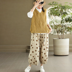 Quần baggy linen lửng lưng thun chấm bi ống đứng - Q144