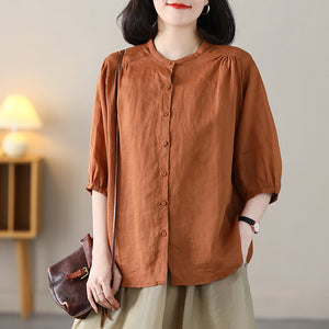 Áo sơ mi linen ngắn tay cổ tròn form rộng vạt mullet - NU8825