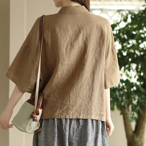 Áo sơ mi linen ngắn tay cổ đức hai túi vuông lớn - NU9019