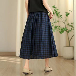 Chân váy linen lưng thun dây rút kẻ caro - V091
