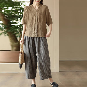 Áo sơ mi linen đơn sắc ngắn tay cổ V kiểu giấu khuy - NU8961