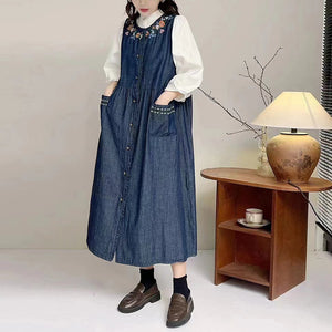 Đầm liền sơ mi denim sát nách thêu hoa lá - NU10054