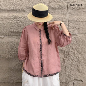 Áo sơ mi linen tay lửng cổ pipi thêu bo viền - A693
