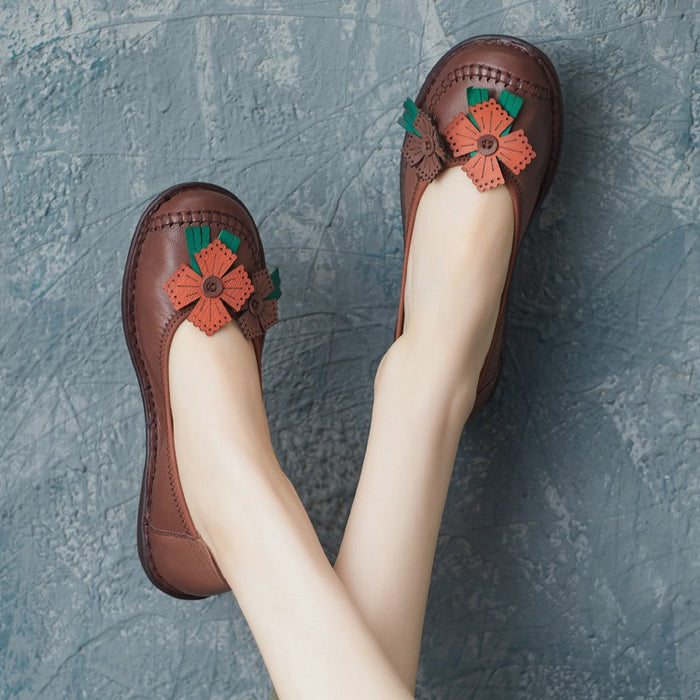 Giày da morigirl retro đế bằng đính hai hoa - OD2274