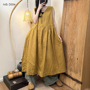 Đầm liền linen sát nách cổ V khuy cài - D033