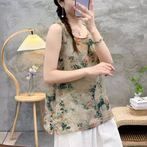 Áo T-shirt linen sát nách cổ tròn in hoa lá - NU9989